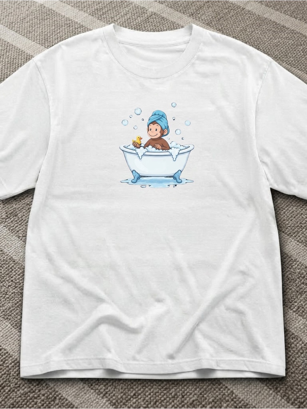 Gildan White T-Shirt with Cute Monkey-in-Bathtub Graphic